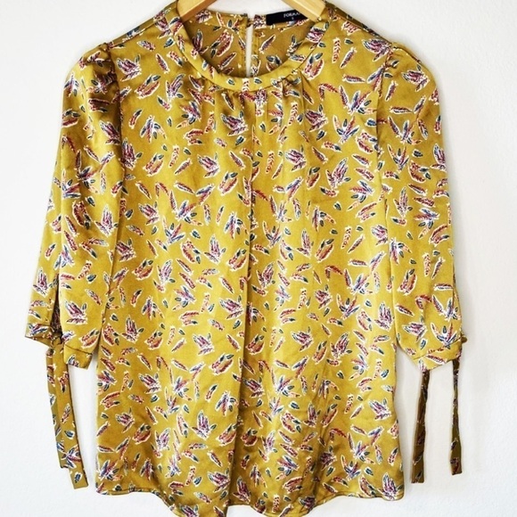 Mustard Yellow Feather Pattern Mock Ditsy Floral Neck Tie Sleeve Blouse Shirt - Picture 1 of 8